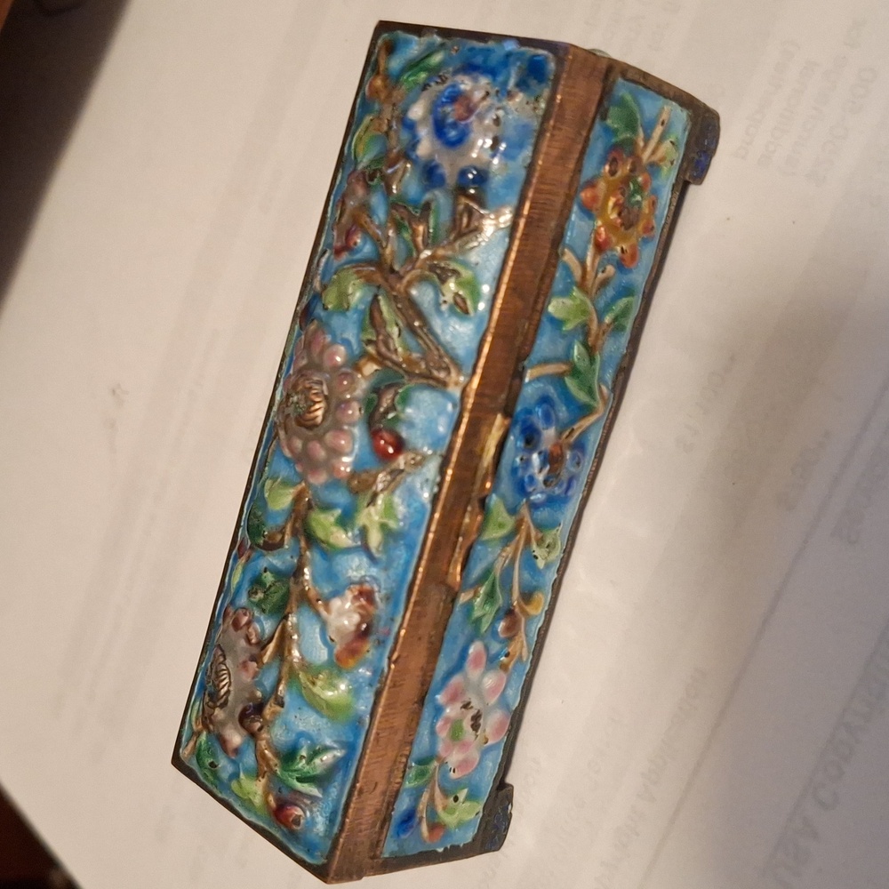 Vintage Chinese Brass Enamel Hinged Stamp Box Trinket Box